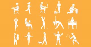 illustrations of people doing physical activities such as walking a dog, playing golf, and lifting weights